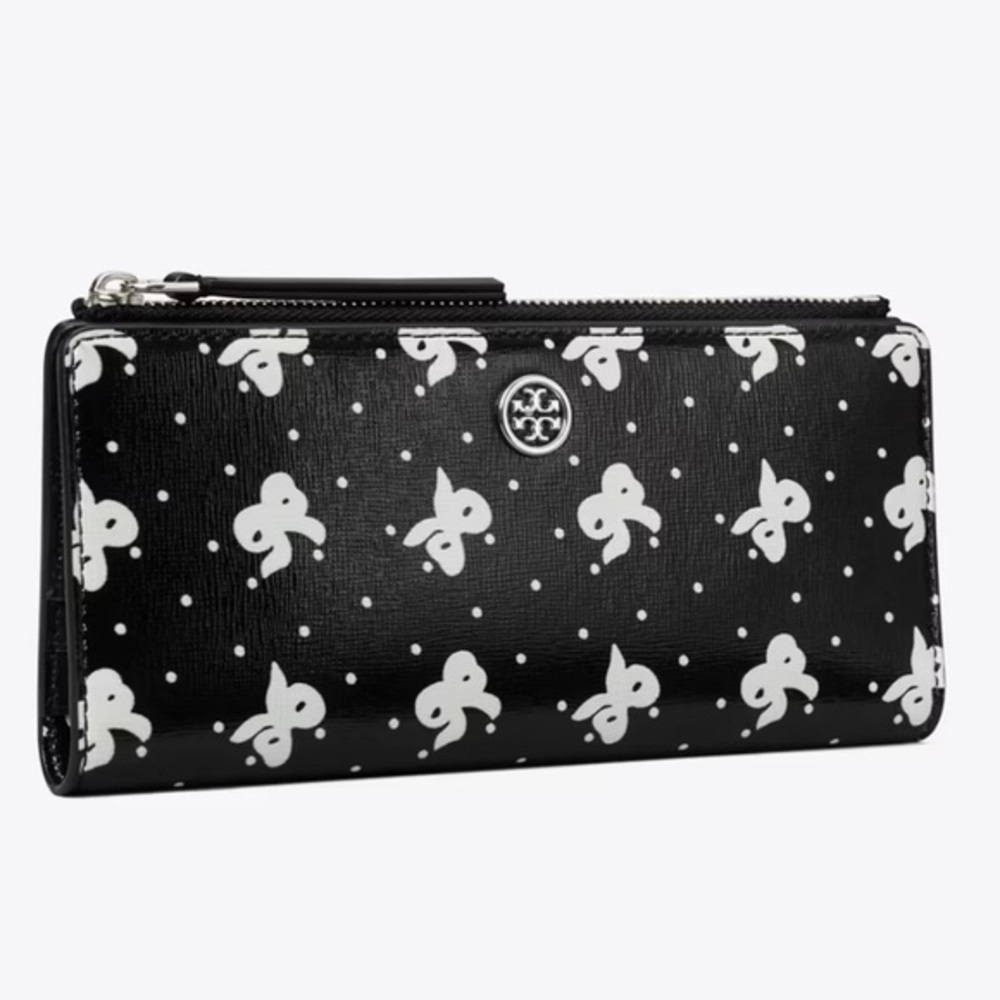 Tory Burch Black and White ROBINSON PRINTED ZIP SLIM WALLET